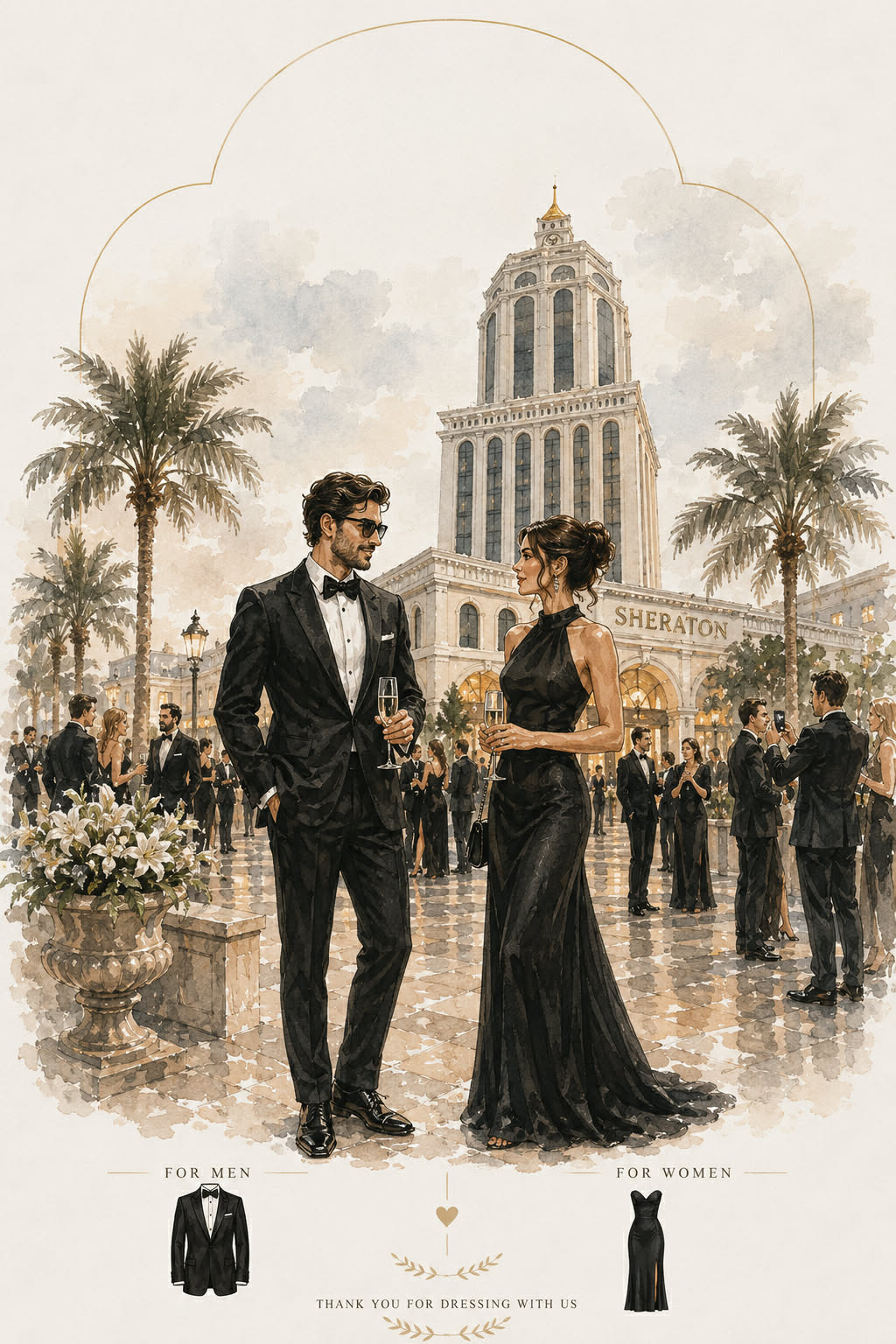 Guests in elegant black-and-white evening wear